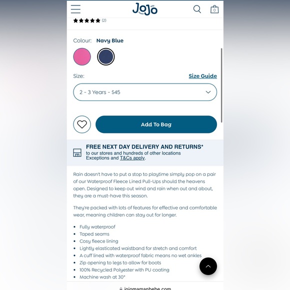 Jojo Maman Bebe Fleece-lined Waterproof snow pants / trousers in size 2-3 - Picture 6 of 6